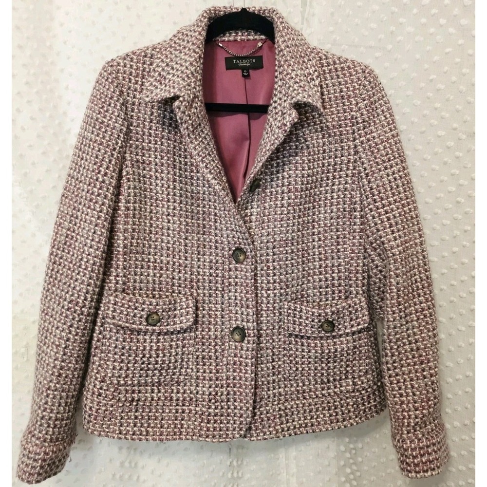Talbots Jacket Women 10 Tweed Wool Blend Button Blazer Office Career Preppy Pink